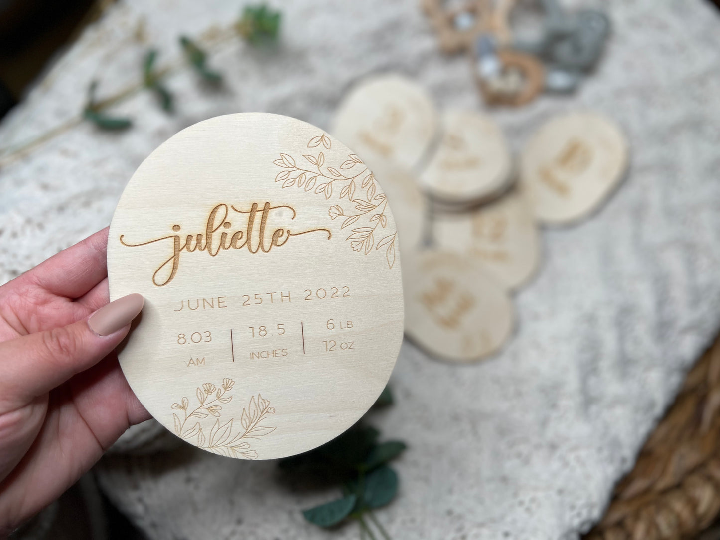 Wooden Engraved Botanic Custom Newborn Name & Stats Announcement